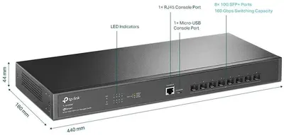 "JetStream™ 8-Port 10GE SFP+ L2+ Managed Switch PORT: 8× 10G SFP+ Slots, RJ45/Micro-USB Console Port SPEC: 1U 19-inch Rack-mount
