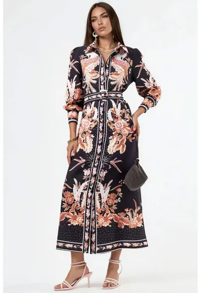 Rochie tip camasa - lunga - MSN Floral - curea in talie - multicolor - poliester/elastan