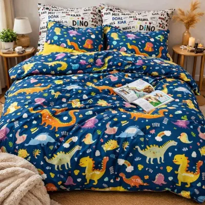 Lenjerie pat dublu, bumbac satinat, cearsaf clasic, 4 piese, Albastru, Dinozauri