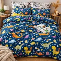 Lenjerie pat dublu, bumbac satinat, cearsaf clasic, 4 piese, Albastru, Dinozauri