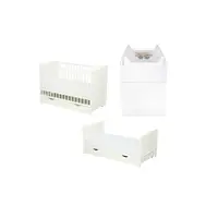 Set mobilier pentru copii, Qmini: Patut multifunctional din lemn de pin, cu sertar si somiera reglabila in 3 trepte, Julia, cu protectie dentitie, 120x60 cm + Saltea cocos-burete 10 cm + Comoda Qmini cu masa infasat, Alb