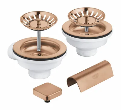 Sifon chiuveta bucatarie Grohe, universal, ornament buton, pentru 2 cuve, mat, cupru, 40999DL0
