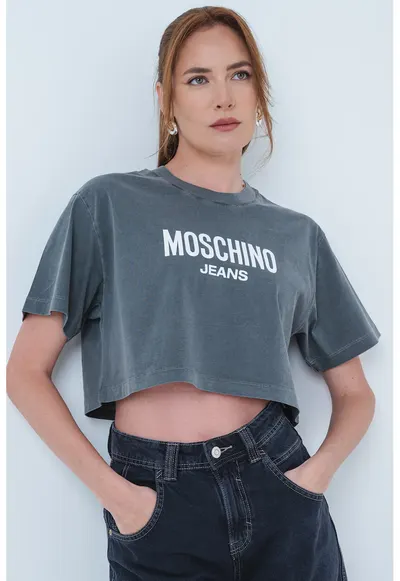 Tricou crop cu logo - Alb optic/Gri inchis