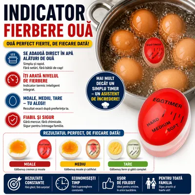 Cronometru pentru oua, EGGTIMER, cu indicator al duritatii de gatire, indicator fierbere ou, rezistent la temperatura
