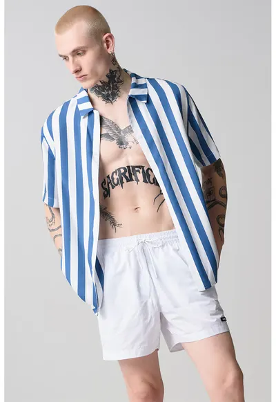 Pantaloni scurti de baie cu snur si buzunare laterale - Alb optic