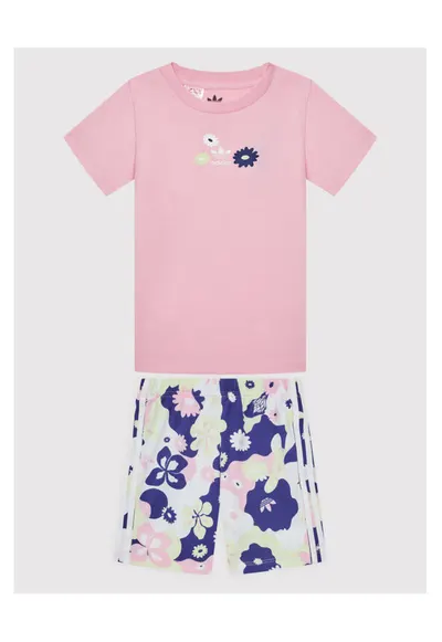 Set Tricou si Pantaloni Scurti - roz/alb - bumbac