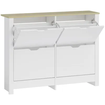 HOMCOM Dulap pentru pantofi îngust cu 4 compartimente rabatabile pentru 8–16 perechi de pantofi, 105 x 26 x 80 cm, Alb+Natural | Aosom Romania