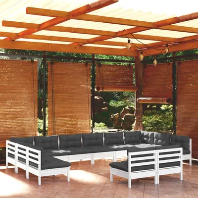 vidaXL Set mobilier de grădină cu perne, 12 piese, alb, lemn masiv pin