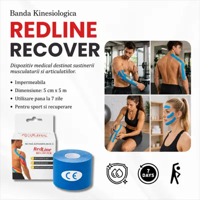 Banda Kinesiologica RedLine Recover, impermeabila, 5 cm x 5 m bleu
