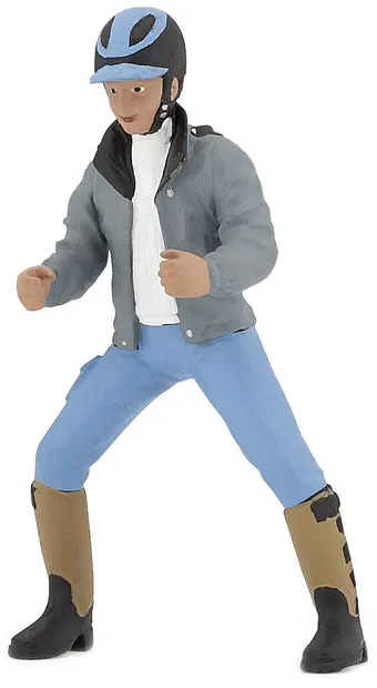 Figurina Papo Horses, foals and ponies – Jockey, cu o casca albastra si o jacheta gri