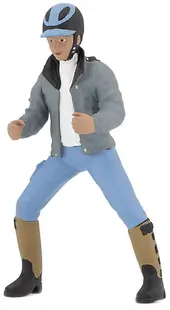 Figurina Papo Horses, foals and ponies – Jockey, cu o casca albastra si o jacheta gri