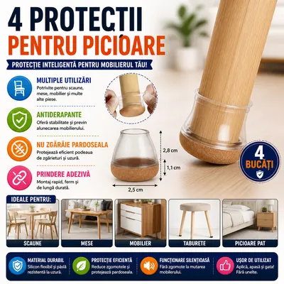Set 4 protectii picioare mobilier, Anti-derapante, Silicon, Transparente, Rotunde