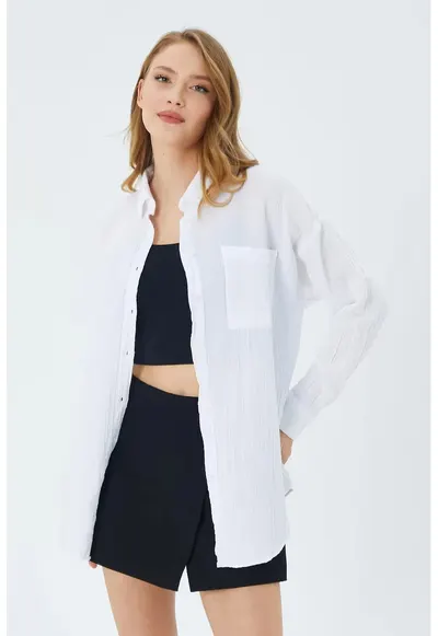 Camasa dama - camasa oversize - detaliu buzunar - alb - textil