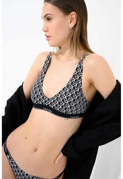 Bustiera de baie cu model monograma - Alb/Negru