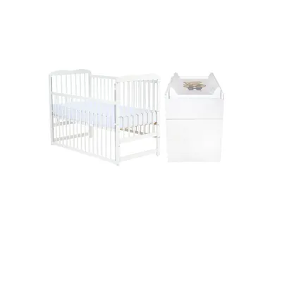 Set mobilier pentru copii, Qmini: Patut din lemn de pin cu roti, cu laterala culisanta si somiera reglabila in 3 trepte, Agata, 120x60 cm + Saltea cocos-burete-cocos, 8 cm + Comoda cu masuta de infasat, Alb