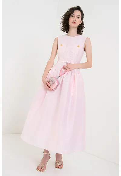 Rochie evazata cu o curea in talie - Roz pastel