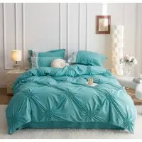 Lenjerie de Pat Premium, JOJO HOME, Finet Soft Touch, cu Inimioare din Pliuri Brodate, si Dantela Delicata, 6 Piese, Nesifonabila si Durabila, Bleu
