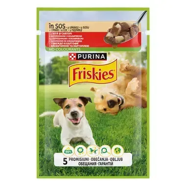 Hrana umeda pentru caini Friskies Adult cu vita cartofi 85 gr