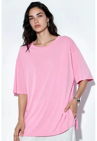 Tricou dama - tricou cu guler rotund - maneca scurta - roz pudra - 80% modal - 20% poliester