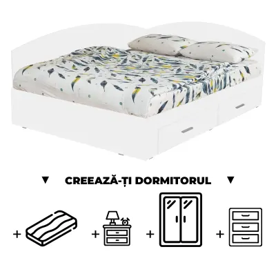 Creeaza-ti Dormitorul ALMA, alb, de la Pat Colt 140x200 cm, cu 2 sertare laterale pe role, adauga Saltea, Noptiere, Comoda, Dulap