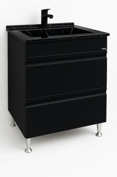 Set Baza front MDF si Lavoar granit seria 486, cu sertare, 60 cm, negru