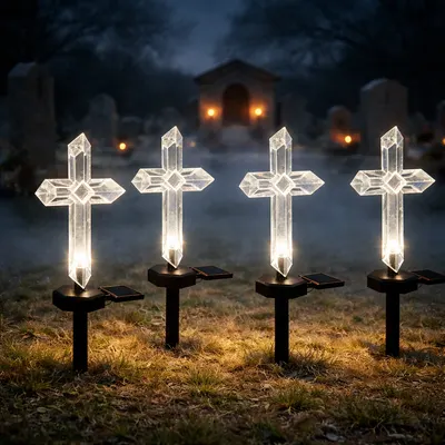 Set 4 x Cruce solara LED pentru mormant