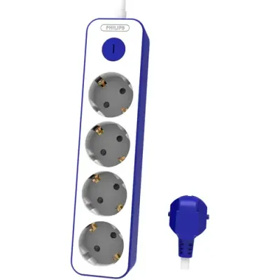 Prelungitor Philips CHP2145U/58, cu intrerupator, protectie copii, 4 prize, 1.5 m, Alb/Albastru
