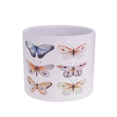 Ghiveci decorativ ceramic, alb cu ilustrații cu fluturi, pentru plante și flori, design modern 13.5x12.5 cm