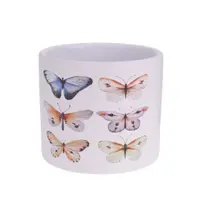 Ghiveci decorativ ceramic, alb cu ilustrații cu fluturi, pentru plante și flori, design modern 13.5x12.5 cm