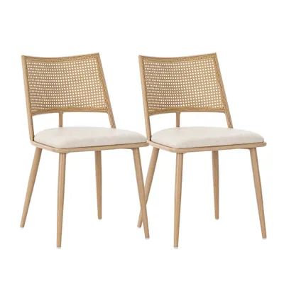 Set de 2 scaune de dining cu șezut din piele ecologică și spătar din rattan, structură din metal, 46x48x80 cm, Bej