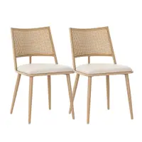 Set de 2 scaune de dining cu șezut din piele ecologică și spătar din rattan, structură din metal, 46x48x80 cm, Bej