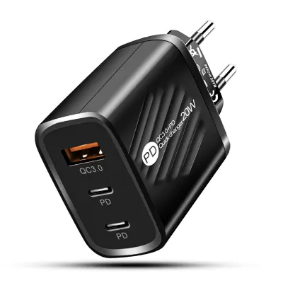 Incarcator Retea Timebox, 3 Porturi, 20W, 2 x Type-C, 1 x USB, LED, Negru - Default Title