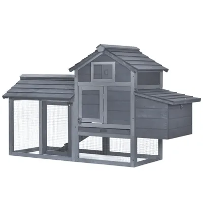 PawHut Coteț prefabricat din lemn pentru 2 găini cu gard pentru grădină 150.5 x 54 x 87cm, gri închis | Aosom Romania