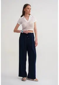 Pantaloni dama - largi - albastru marin - poliester