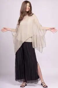 Bluza asimetrica din matase naturala si vascoza tip poncho, bej