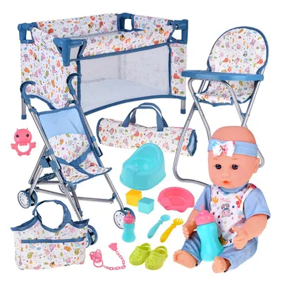 Set Deluxe pentru papusi, Cu carucior, patut, scaun de masa si accesorii, 3 ani +