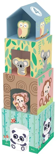 Set de joacă Hi Pando -Cuburi de carton cu animale din lemn