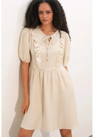 Rochie mini - tip smock - crem - volane - viscoza-nailon