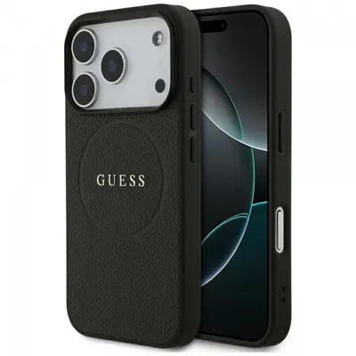 Husa MagSafe pentru Apple iPhone 17 Pro, Guess, Grained Gold Ring, Neagra