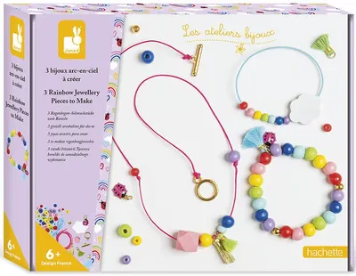 Set creativ Janod - Bijuterii cu margele din lemn, Curcubeu