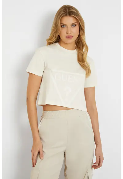 Tricou crop pentru fitness Adele - Alb fildes/Bej deschis