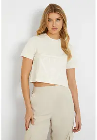 Tricou crop pentru fitness Adele - Alb fildes/Bej deschis