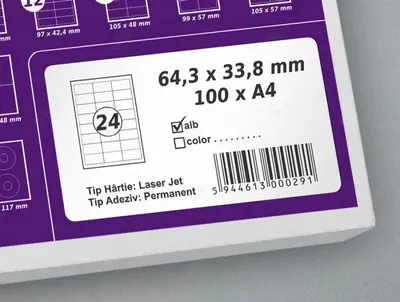 Etichete autoadezive A4, 64.3 x 33.8 mm, 24 etichete coala A4