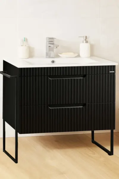 Set Baza front MDF si Lavoar seria 033, cadru metalic, sertare, montata, 80 cm, negru