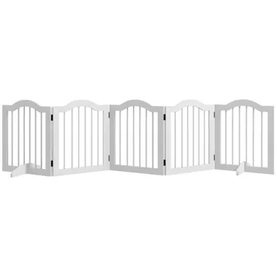 PawHut Barieră pentru câini, 5 panouri, pliabilă, flexibilă, lemn masiv/MDF, 261,5x29,5x61 cm, alb | Aosom Romania