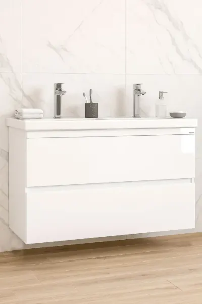 Set Baza front MDF si Lavoar seria 286, suspendata, cu sertare, montat, 120 cm, alb