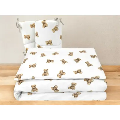 Lenjerie patut 3 piese Qmini, pentru patut 120x60 cm, cu protectie laterala, din bumbac, Teddy Toys