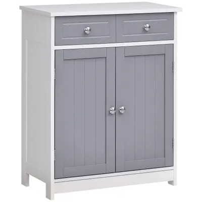 kleankin Mobilier de baie pe picior, dulap de baie 2 uși 2 sertare 60 x 30 x 75 cm gri și alb | Aosom Romania
