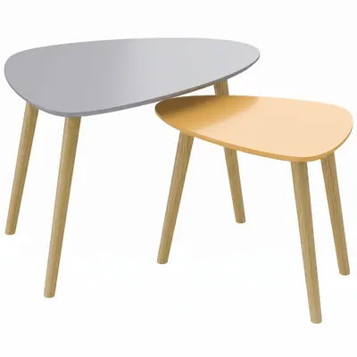 HOMCOM Set de 2 mese de cafea gigogne design scandinav picioare din lemn și blat din lemn, gri și galben | Aosom Romania