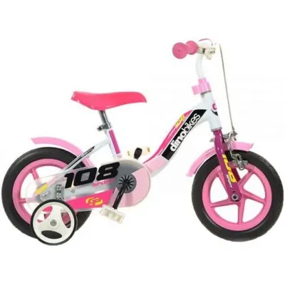 Bicicleta copii 2-3 ani, 10 inch, Sport Alb Si Roz Cu Frana, Dino Bikes DB108FL0509WP